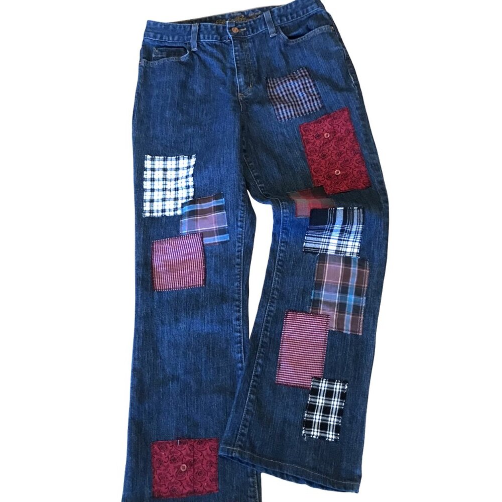 Plaid Flannel Patchwork Jeans, Upcycled Funky Pants Boho Hippie Grunge Size 8 - Picture 3 of 13